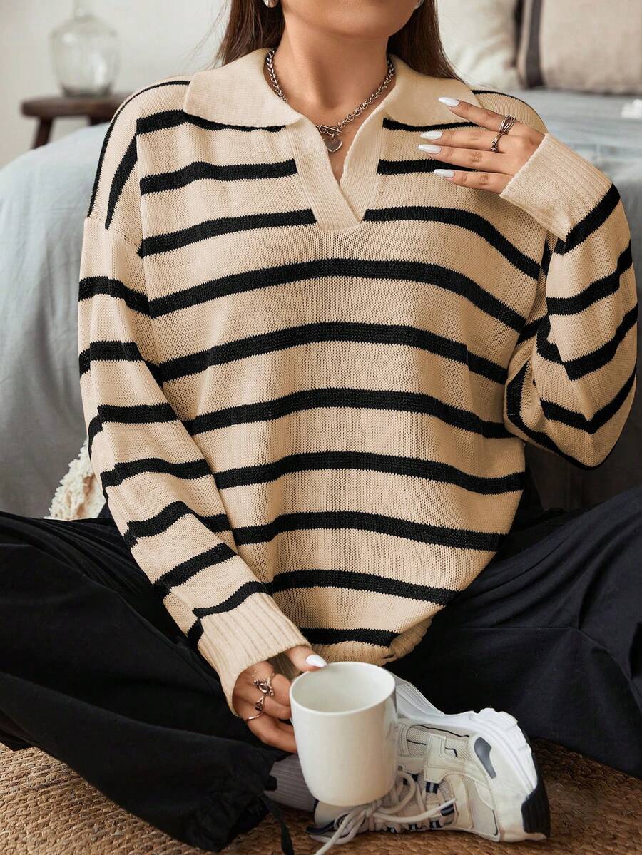 Sunspun Plus Size Women Casual Striped V-Neck Loose Pullover Sweater, Suitable For Daily Commute, Autumn/Winter - Apricot - View 1