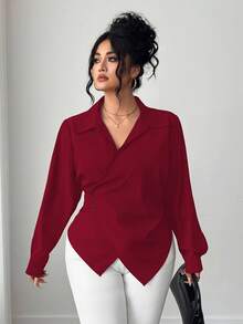 Elenzga 大码女式纯色不对称下摆裹身优雅长袖衬衫 - 紅色 - 查看 5