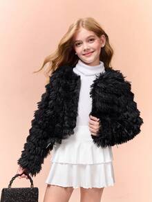 Tween Girls Black Loose Fit Short Coats, Autumn/Winter - Black - View 5