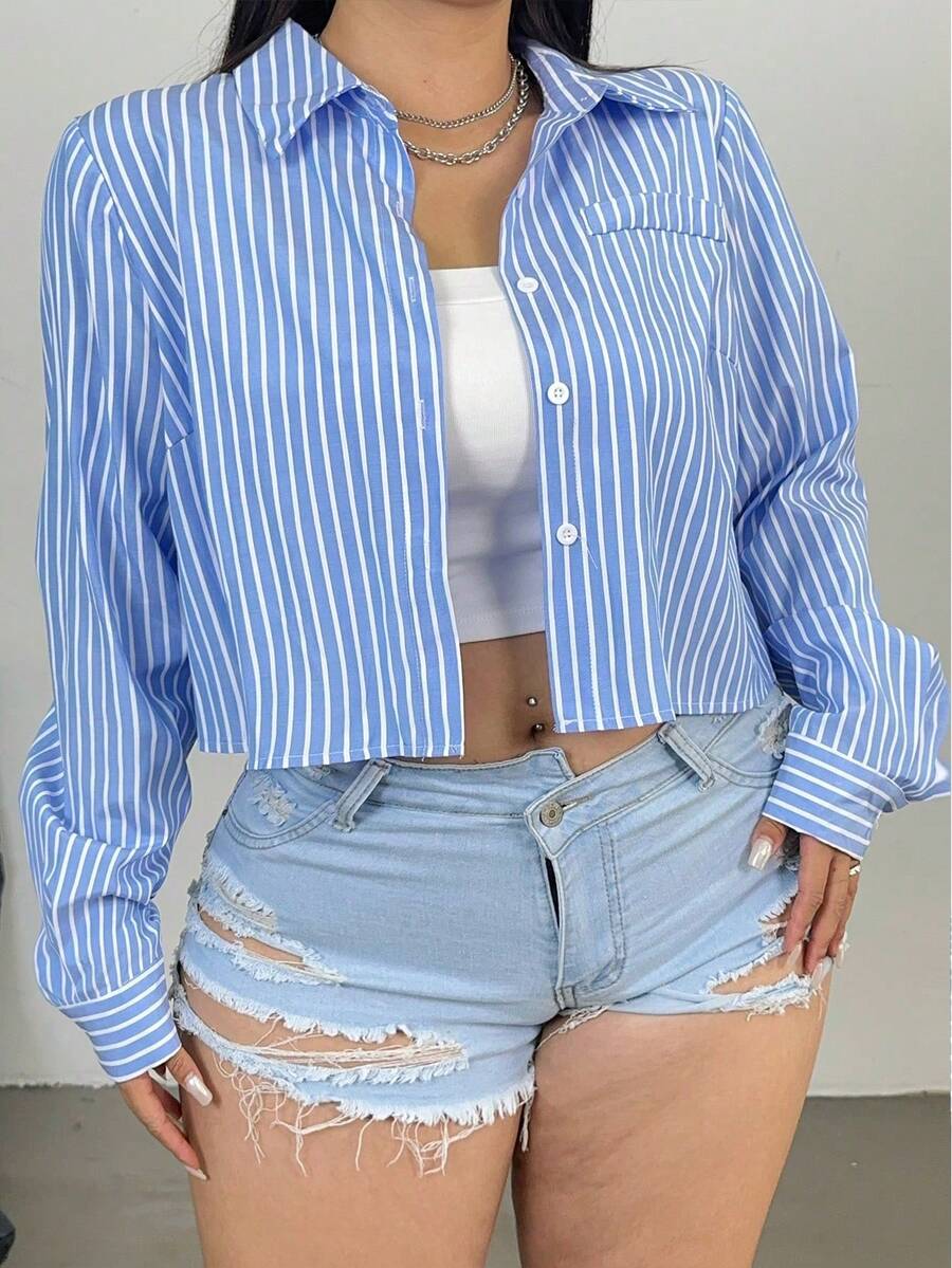 Flirla Korean Style Academic Blue Striped Crop Top Fall Cloth For Women
