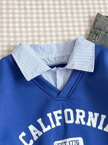 青少年女孩运动衫，休闲学院风百搭，二合一运动衫衬衫领数字和字母印花豹纹宽松