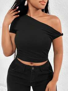 SHEIN SXY 2 件女式纯色不对称领口褶饰短袖 T 恤套装不对称上衣 - 彩色 - 查看 3