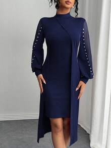 SHEIN Clasi Women's Elegant Round Neck Mesh Splice Bubble Decor Long Sleeve Dress Maxi Women Outfit - Navy Blue - View 5