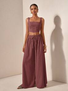 Zivah 新款春夏度假休闲鱼骨吊带上衣和阔腿裤两件套西装带口袋，纹理面料 - 款式B - 珊瑚粉 - 查看 10