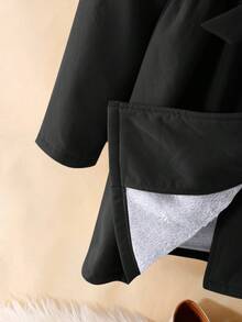 SHEIN Serisse Kids 青少年女孩纯色简约长款翻领外套，适合秋冬季日常穿着、休闲场合和返校季，保暖效果佳 - 黑色 - 查看 7
