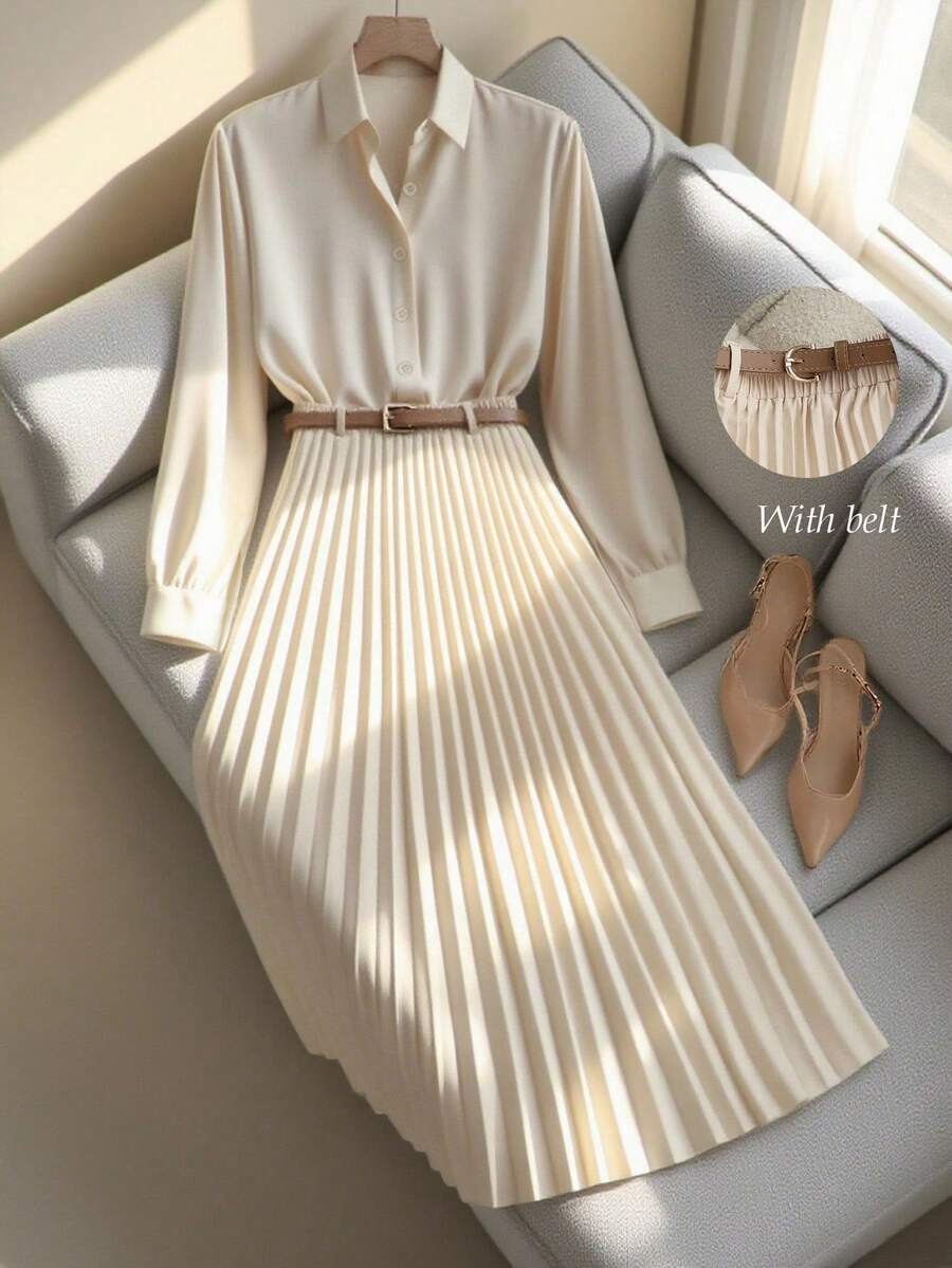 Franclia Casual Commuting Versatile Solid Color Khaki Women's Button-Down Shirt Top With Women's Skirt Pleated Skirt Long Skirt With A Belt Spring And Autumn Khaki Women's Suits Women's Two-Piece Suits Women's Suit Skirts Autumn Clothing Women's Casual Clothing Women's Teacher Clothing Autumn Clothing Autumn Women's Clothing Women's Two-Piece Suits Clothes For University Fall Cloth For Women