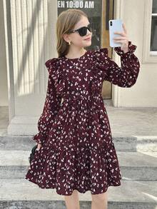 SHEIN Tween 女童勃艮第红色休闲外出波西米亚风格编织豹纹可爱荷叶边连衣裙，适合秋冬季，冬季度假连衣裙 - 酒紅色 - 查看 6