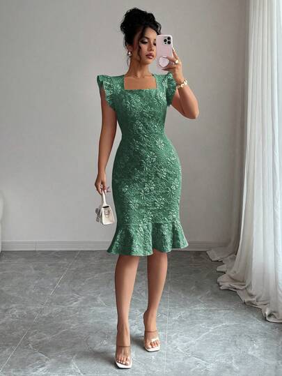 Elenzga Women's Square Neck Cap Sleeve Elegant Floral Jacquard Commuter Dress, Summer