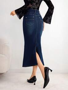 Elenzga Women's Button Front Pocket Fishtail Hem Elegant Denim Skirt - Dark Wash - View 2