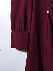 Franclia 女式纯色圆领荷叶边长袖优雅连衣裙 - 酒紅色 - 查看 5