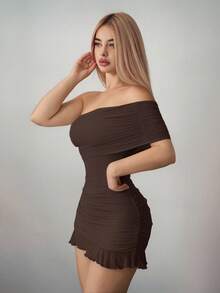 Vestido mini asimétrico ajustado con hombros descubiertos de malla - Marrón - Ver 4