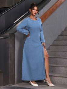 SHEIN PETITE 女式休闲性感时尚高开叉牛仔连衣裙，春秋