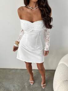 Aloruh Women's Elegant White Autumn Lace Patchwork Off-Shoulder Long Sleeve Mini Dress,Perfect For Birthday,Parties,Cocktail,Bridal Shower & Christmas Outfit - White - View 9