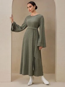 Graceveil Women's Green Autumn Soft Ribbed Knit Fabric Round Neck Flare Sleeve Button Tie Design Long Dress - Army Green - View 4