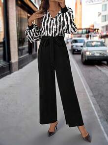 SHEIN Clasi 女式V领条纹长袖阔腿优雅连体裤 - 黑色 - 查看 11