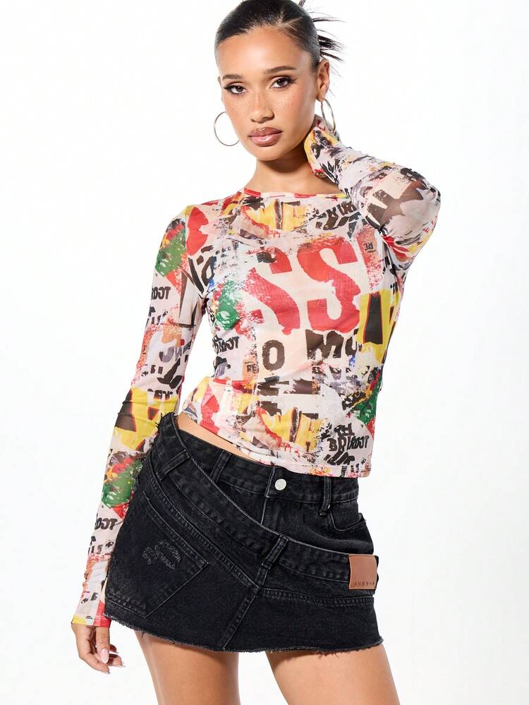 SUMWON WOMEN Off Shoulder Graffiti Print Mesh Top