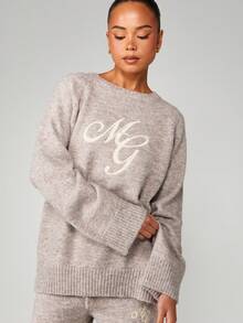 MISSGUIDED 超大号粗针织毛衣，带刺绣圆领长袖宽松套头衫，适合秋冬休闲家居服 - 灰色 - 查看 4