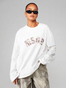 MISSGUIDED 长袖文字印花运动衫圆领套头衫休闲上衣 - 白色 - 查看 4