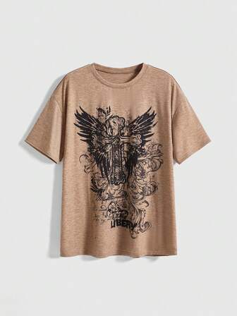 Grunge Punk T-shirt oversize da donna stile grunge con grafica croce e ali a maniche corte