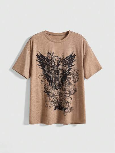 Grunge Punk تي شيرت قصير الأكمام للنساء بطبعة صليب وأجنحة بطراز جرانج مبالغ في الحجم