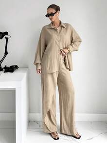 Siren Gaze Women's Solid Color Minimalist Long Sleeve Top And Pants 2 Pieces Set, Everyday Wear Winter Brown Casual - Khaki - View 2