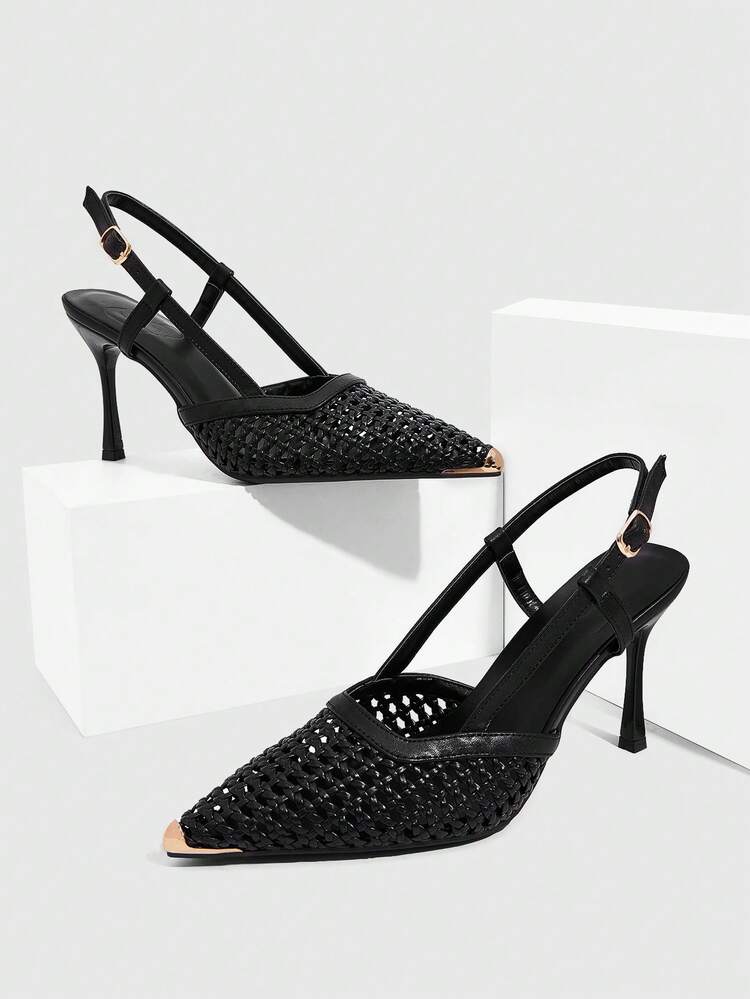 CUCCOO SZL Women's Fashion Pointed Toe Black Woven Patchwork Metal Toe Evening Party Sexy Minimalist Wedding High Heel Pumps