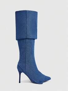 CUCCOO SZL Women's Pointed Toe High Heel Boots, Blue Denim Effect Double Layer Design, Fashion Comfortable For Daily, Party, Banquet, Side Zipper -On - Blue - View 3