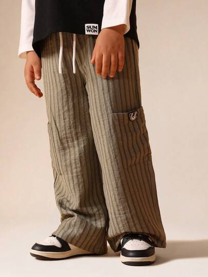 SUMWON Striped Pull On Elastic Waist Pants For Boys Casual Relaxed Fit Textured Trousers