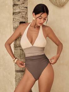 SHEIN Swim Summer Beach Women's Color Block Halter One-Piece Swimsuit Bathing Suit Wedding - Multicolor - View 2