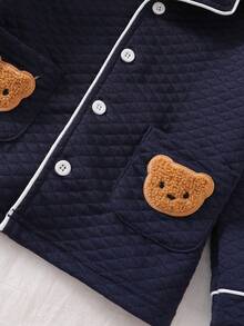 SHEIN Young Boy Navy Blue Quilted Texture Bear Pattern Collar Cardigan & Pants Pajama Set - Royal Blue - View 5