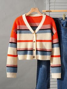Cardigan tricotat lejer pentru femei, cu dungi, decolteu în V, stil casual, stil vacanță, pulover tricotat cu ciucuri multicolori, croială lejeră, stil dulce și tineresc, toamnă/iarnă