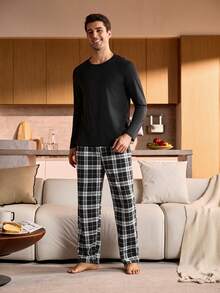 Provexi Provexi Plus Size Men's Black Round Neck Long Sleeve Top & Plaid Pants Loungewear Set, Christmas - Black - View 3