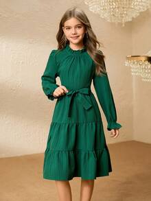 女童圣诞绿色长袖连衣裙，休闲百搭童装，适合青少年女孩日常穿着，秋冬季 - 綠色 - 查看 6