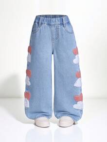 2025 Herbst/Winter Neue Jeans für Kleine Mädchen, modische Herz-Stickerei Lässig Straight Leg Loose Fit Thermofutter Jeans, bequeme Vintage gewaschene Blau Jeans mit mittlerer Taille, geeignet für Straße, Lässig, Retro, Streetwear, Loose, Straight Leg, Fitted, Alltag, Schule, Pendeln, Party, Zuhause, Halloween - Mittele Waschung - Übersicht 7