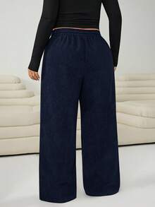 Solflare Plus Size Women's Solid Color Drawstring Waist Wide Leg Loose Casual Pants - Navy Blue - View 2