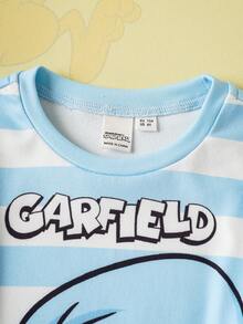 GARFIELD | SHEIN 2 件套小男孩条纹长袖上衣和可爱猫咪和泰迪熊全身印花裤睡衣套装，适合秋冬季 - 藍白色 - 查看 3
