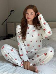 DAZY 可爱蛋糕和小熊印花毛绒宽松女式睡衣套装，秋冬季服装 - 白色 - 查看 3