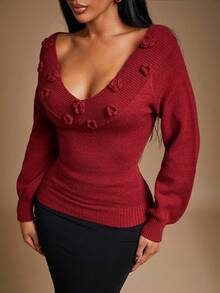 Radiana Suéter feminino com decote em V e estampa floral 3D, fofo, vermelho escuro, Natal, outono e inverno - Vermelho - Ver 6