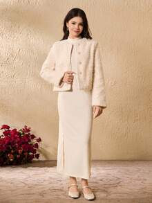 Elegant Minimalist Elegant Round Neck Long Sleeve Short Plush Woolen Coat With Turtleneck Long Sleeve Fitted Waist Dress Set, Teenage Girls Winter Fashion Outfit