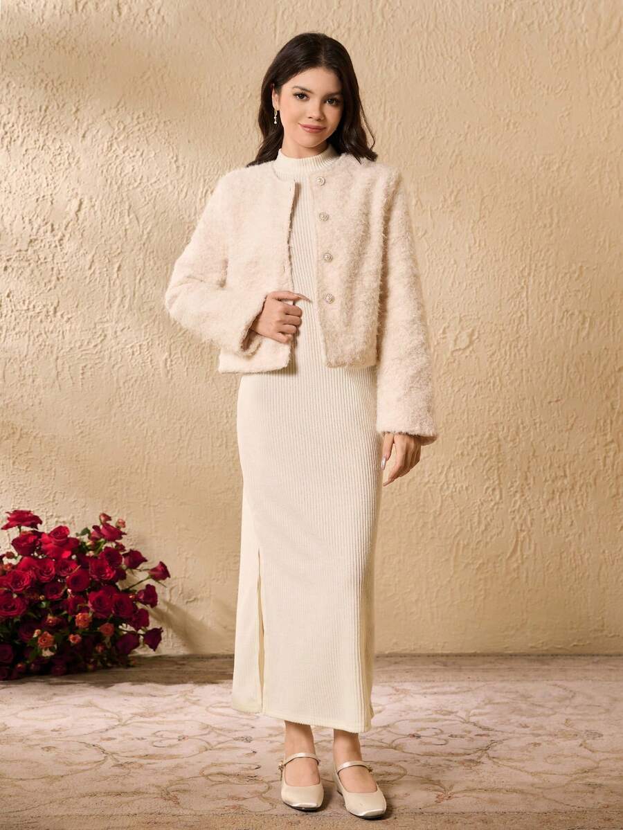 Elegant Minimalist Elegant Round Neck Long Sleeve Short Plush Woolen Coat With Turtleneck Long Sleeve Fitted Waist Dress Set, Teenage Girls Winter Fashion Outfit