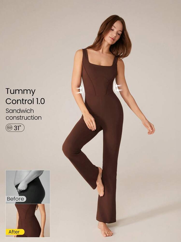 31" FeatherFit™ Tummy Control U-Back Square Neck Flare Jumpsuit Low Impact Yoga Pilates Daily Removable Cups