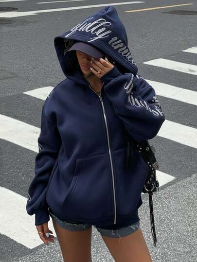 SHEIN EZwear Autumn Women's Navy Blue Hooded Zipper Long Sleeve Letter Embroidery Design Casual Sweatshirt, Long Sleeve Top Graduation, Back To School Clothing, Graduation, Women's Teacher Clothing, Autumn And Winter Back To School