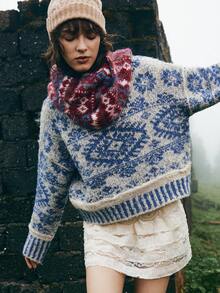Bohemela Áo khoác ngoài Boho Thu/Đông, Áo len cổ cao dệt kim Fair Isle màu xanh và trắng cổ điển dành cho nữ, Phong cách đồng quê miền Tây, Thích hợp mặc đi nghỉ & mặc hàng ngày & trở lại trường, Halloween, Giáng sinh, Thu dành cho nữ - Xanh và trắng - Xem 8