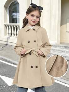 SHEIN Tween Girls Solid Simple Color Long Coat With Lapel, Suitable And Warm For Autumn Winter, Daily Wear, Casual Occasion, Back To School Girls Trench Coat Girls Winter Coat Kids Trench Coat Girls Coat