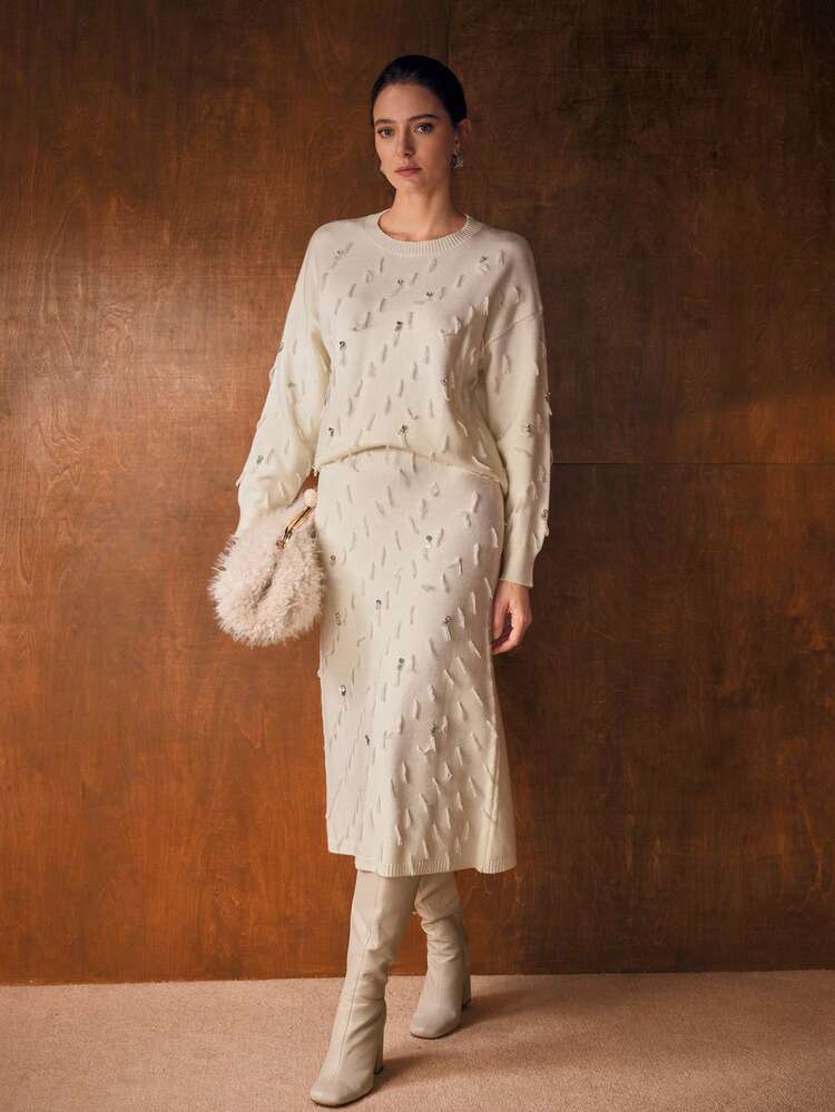 라인스톤 프린지 디테일 드롭 숄더 오버사이즈 스웨터 & 니트 스커트 세트