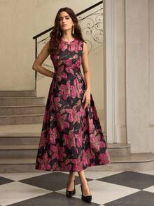 ZEYLAH Women's Jacquard Waist Flared Dress, Autumn/Winter - Hot Pink - View 6