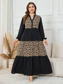 Al Najma Plus Size Women's Casual Patchwork Leopard Print Long Sleeve Loose Dress, Spring/Autumn