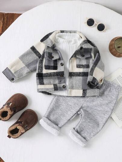 SHEIN 3 件套男婴/女婴秋冬休闲基本款：羊毛立领毛衣、复古格子夹克、舒适羊毛裤 - 适合日常穿着、户外玩耍和雪天