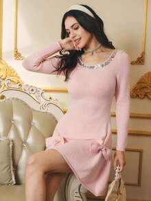 Omancia Vestido de malha com lantejoulas elegantes, gola quadrada, laço, presente de Natal, Ano Novo e Ação de Graças, vestido de festa