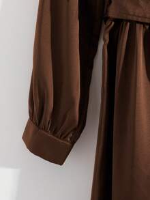 GlowEve Women's Elegant Elegant Simple Solid Color Surplice Collar Buckle Belted Dress - Brown - View 5